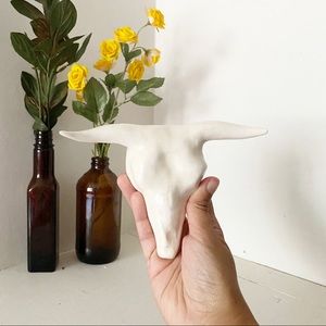 Vintage mini ceramic long horn bull wall art